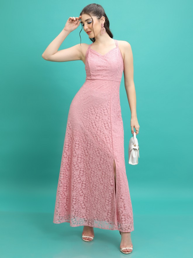 Tokyo Talkies Women Pink Self Design Maxi Dresses 