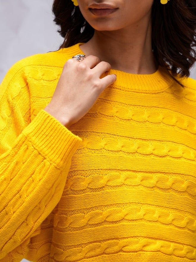 Tokyo Talkies Women Yellow Round Neck Sweaters 