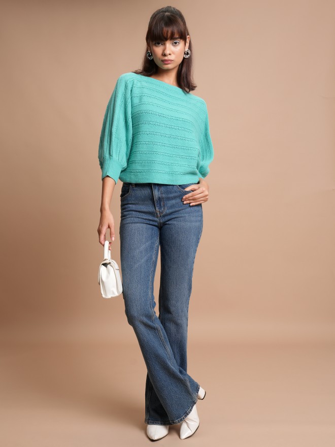 Tokyo Talkies Women Teal Boat Neck Sweaters 