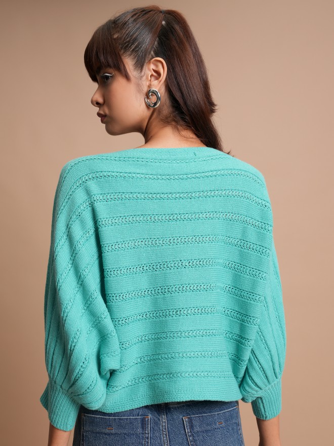 Tokyo Talkies Women Teal Boat Neck Sweaters 