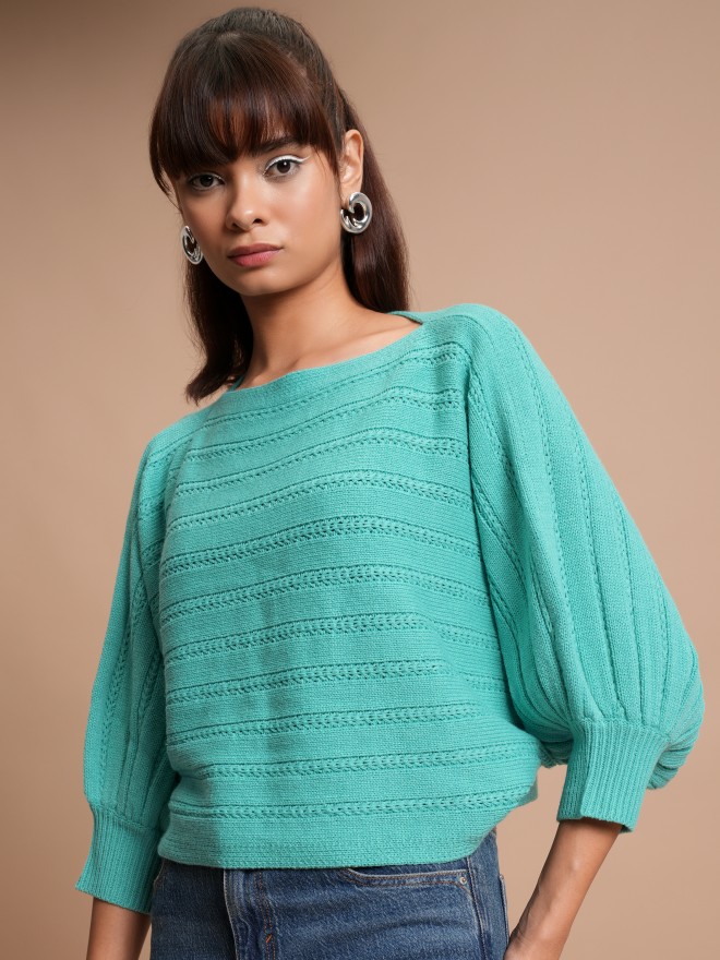 Tokyo Talkies Women Teal Boat Neck Sweaters 