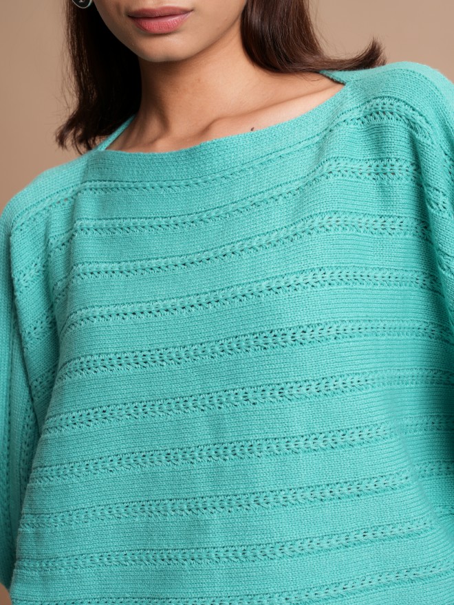 Tokyo Talkies Women Teal Boat Neck Sweaters 