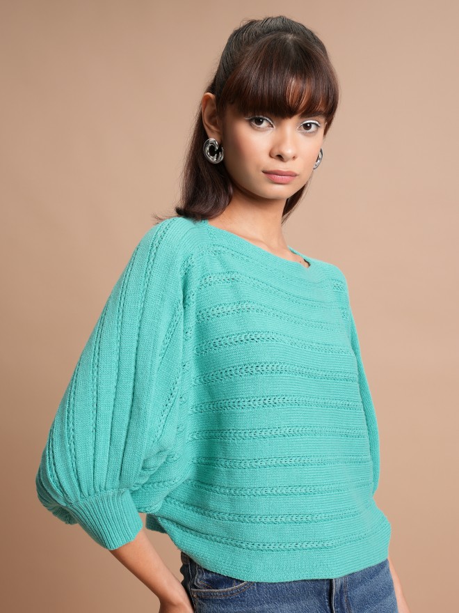 Tokyo Talkies Women Teal Boat Neck Sweaters 