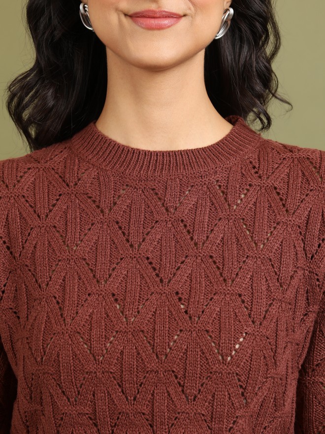 Tokyo Talkies Women Brown Round Neck Sweaters 