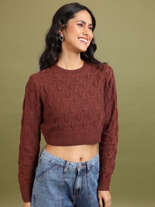 Tokyo Talkies Women Brown Round Neck Sweaters 