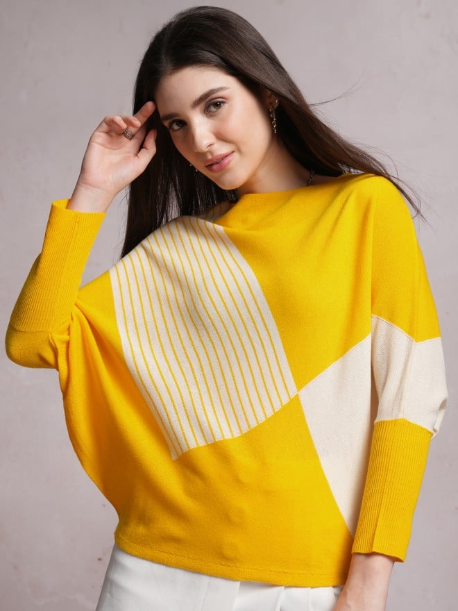 Tokyo Talkies Women Yellow Boat Neck Sweaters 