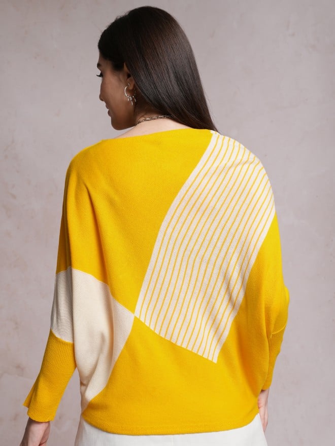 Tokyo Talkies Women Yellow Boat Neck Sweaters 