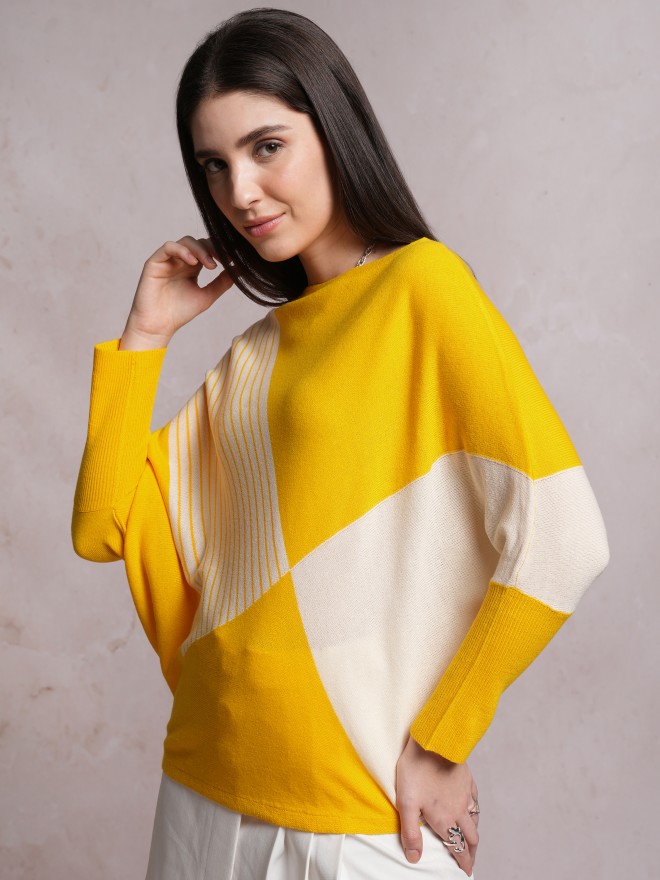 Tokyo Talkies Women Yellow Boat Neck Sweaters 