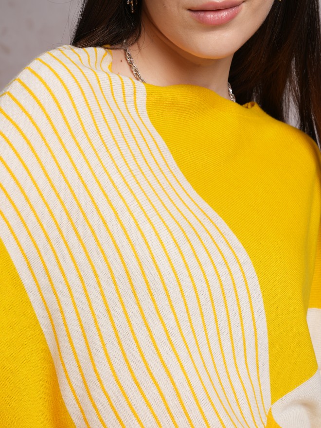 Tokyo Talkies Women Yellow Boat Neck Sweaters 