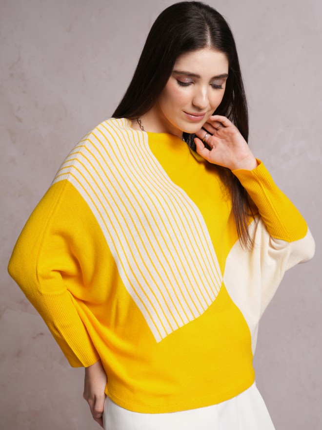 Tokyo Talkies Women Yellow Boat Neck Sweaters 