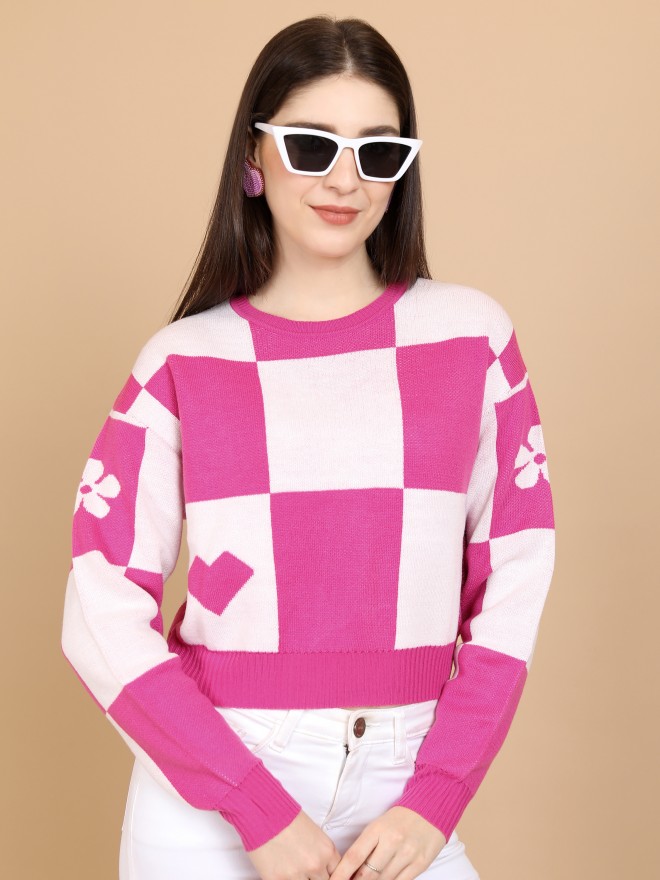 Tokyo Talkies Women Pink Round Neck Sweaters 