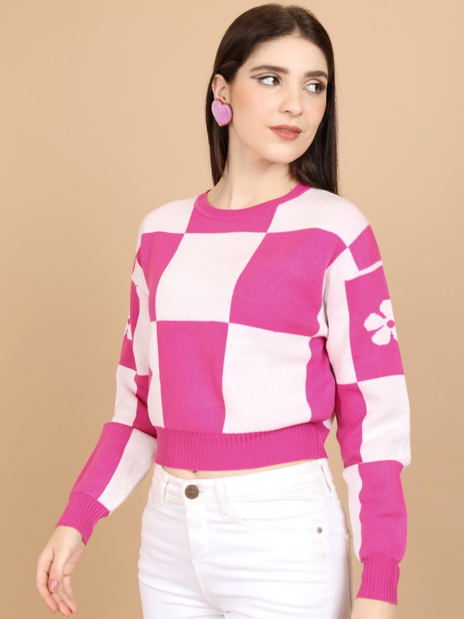 Tokyo Talkies Women Pink Round Neck Sweaters 