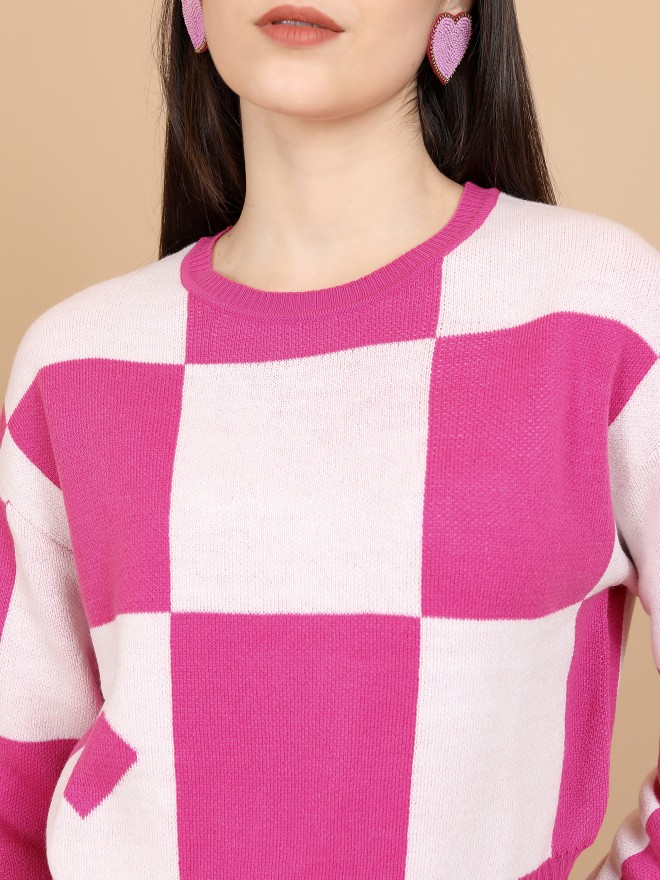 Tokyo Talkies Women Pink Round Neck Sweaters 