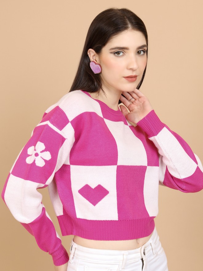 Tokyo Talkies Women Pink Round Neck Sweaters 