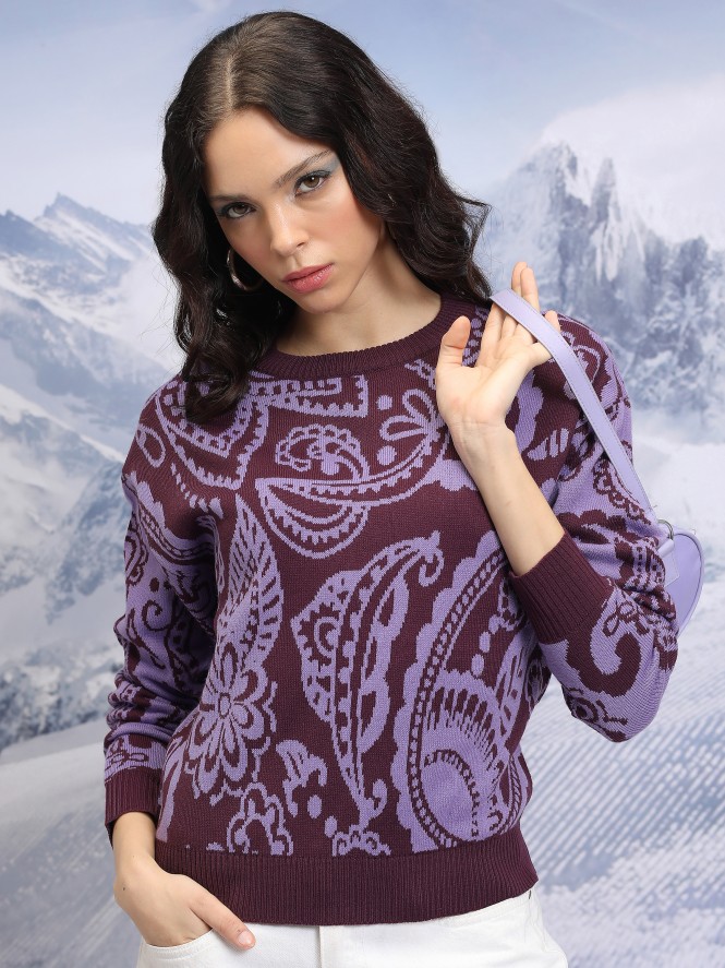 Tokyo Talkies Women Burgundy Round Neck Sweaters 