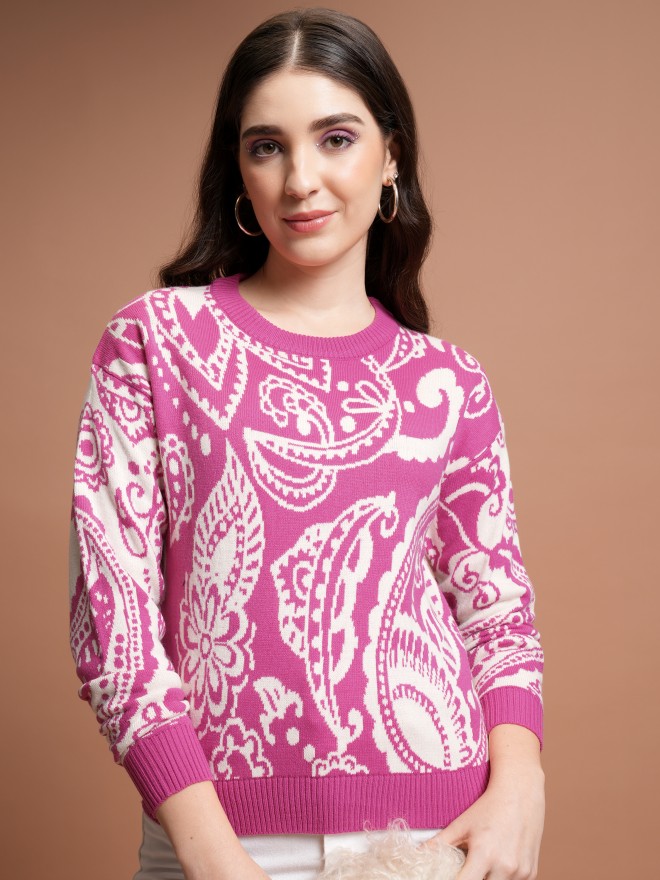 Tokyo Talkies Women Pink Round Neck Sweaters 