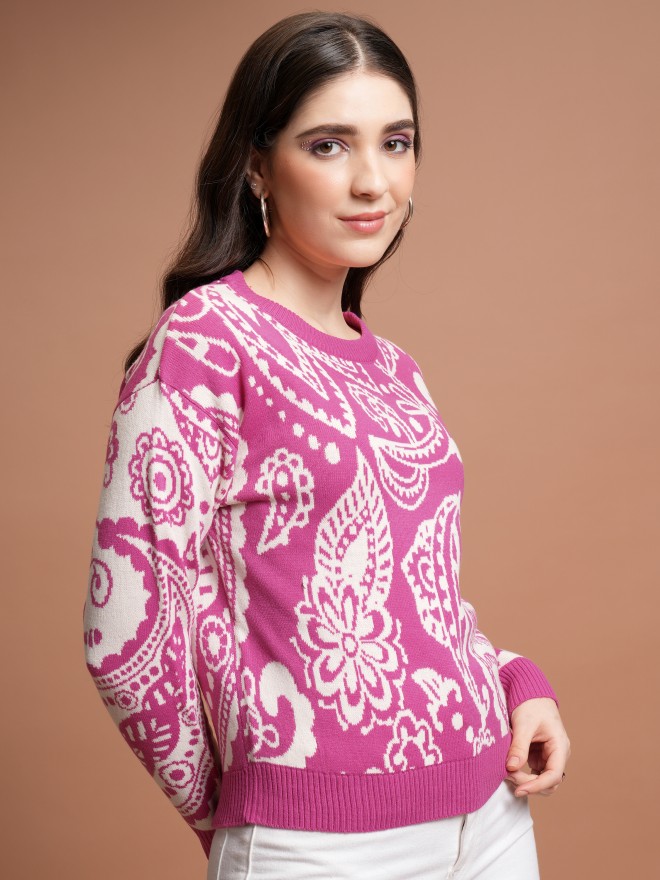 Tokyo Talkies Women Pink Round Neck Sweaters 