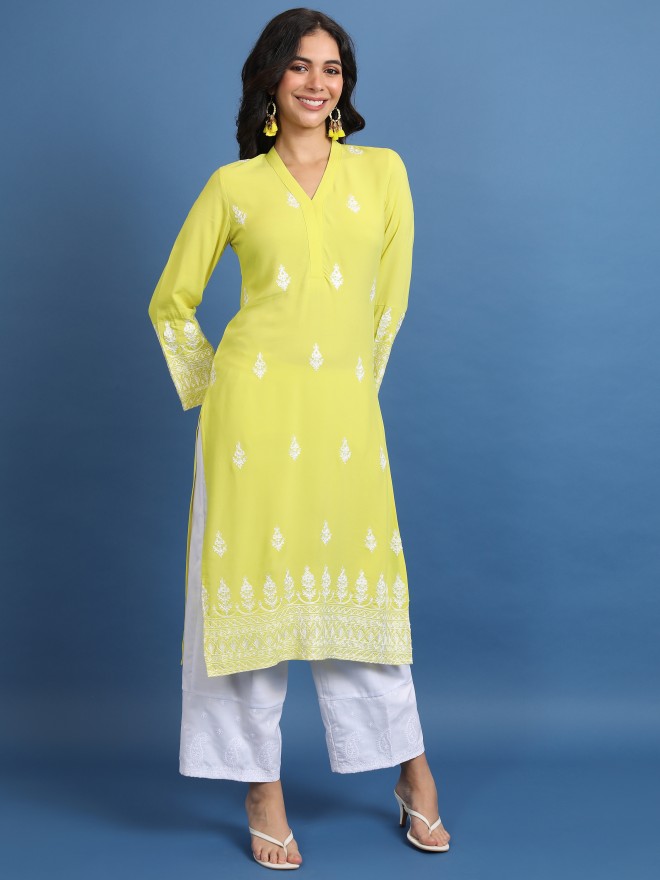 Vishudh Women Green Woven Design Straight Kurtas 