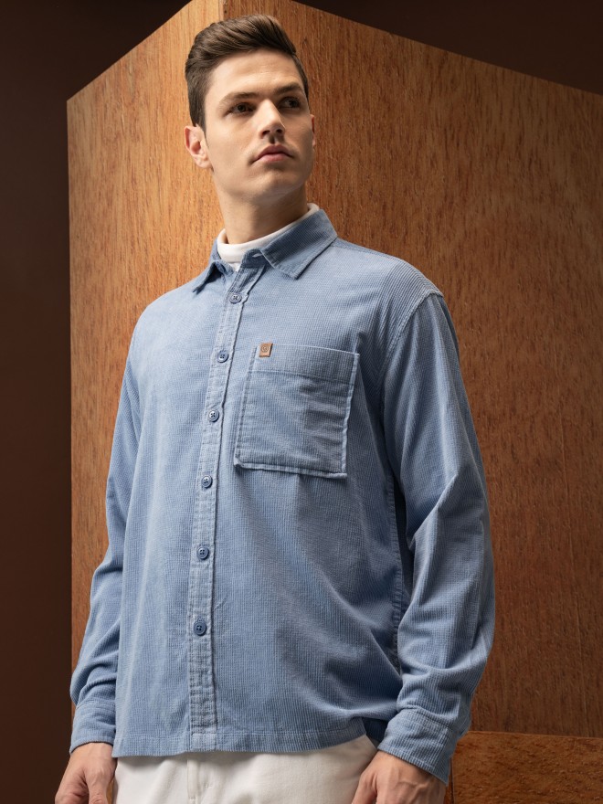 Locomotive Men Blue Solid Oversized Fit Casual Shirts 