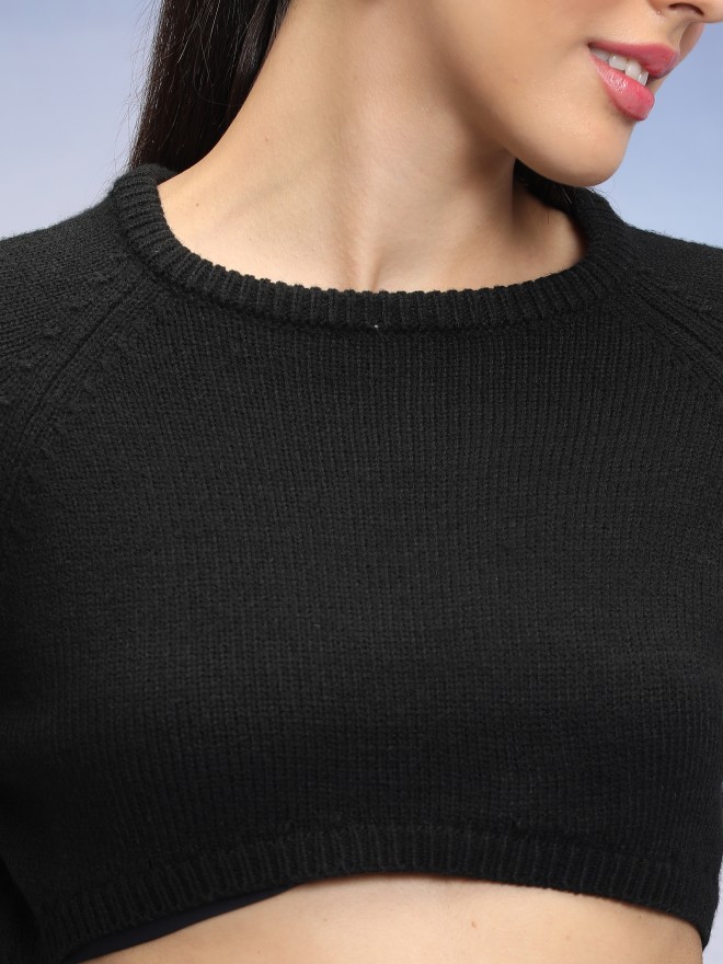 Tokyo Talkies Women Black Round Neck Sweaters 