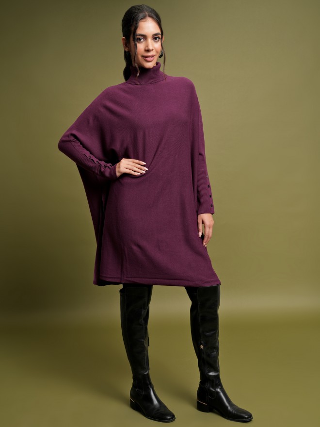 Tokyo Talkies Women Purple Turtle Neck Sweaters 