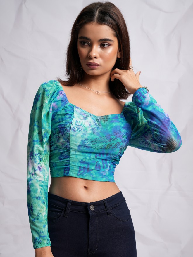 Tokyo Talkies Women Blue Printed Regular Tops 