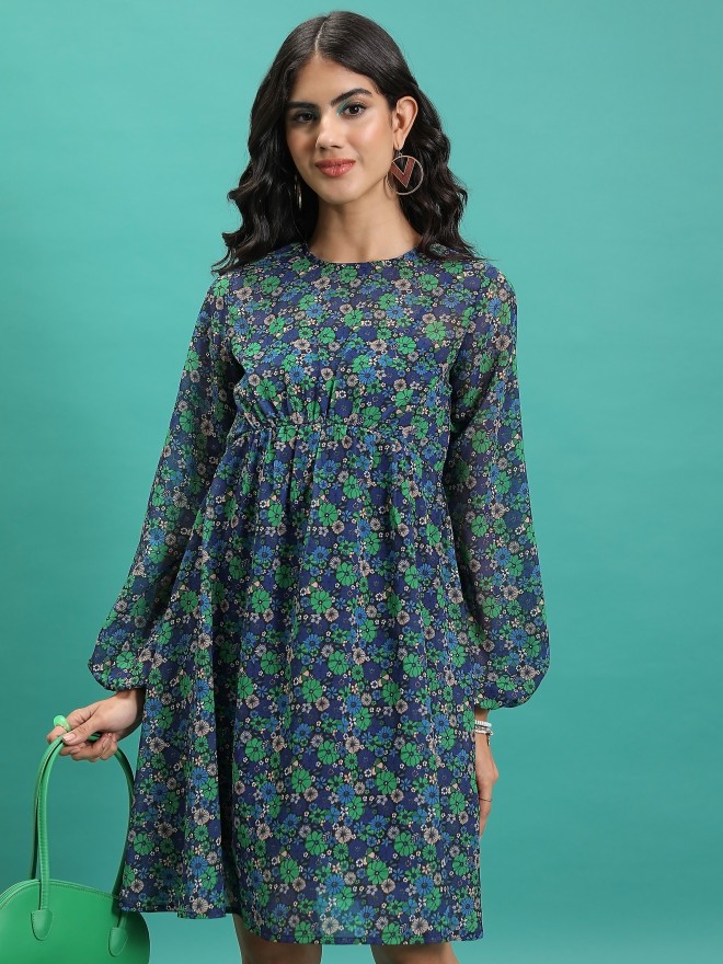 Buy Tokyo Talkies Green/Multi Printed Fit & Flare Dress for Women ...