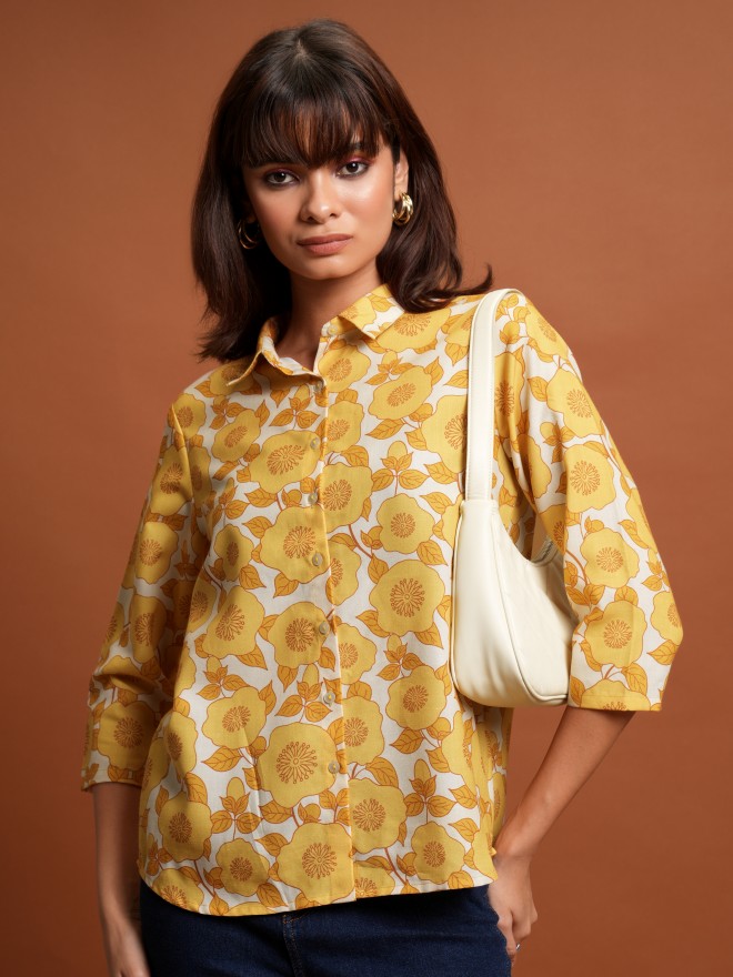 Tokyo Talkies Women Yellow Printed Casual Shirts 