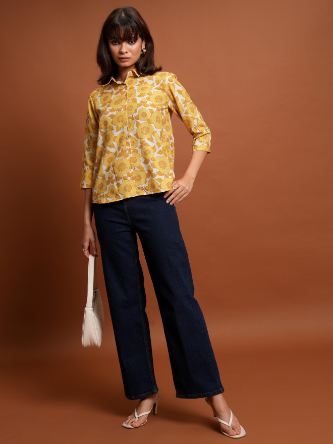 Tokyo Talkies Women Yellow Printed Casual Shirts 