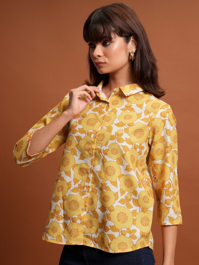 Tokyo Talkies Women Yellow Printed Casual Shirts 