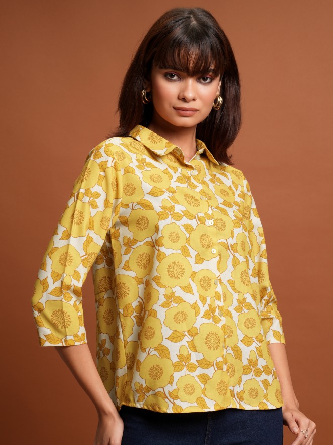 Tokyo Talkies Women Yellow Printed Casual Shirts 