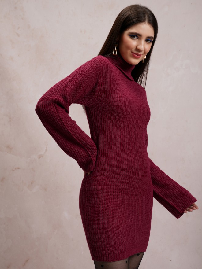 Buy Tokyo Talkies Maroon Round Neck Sweater Dress for Women Online at ...
