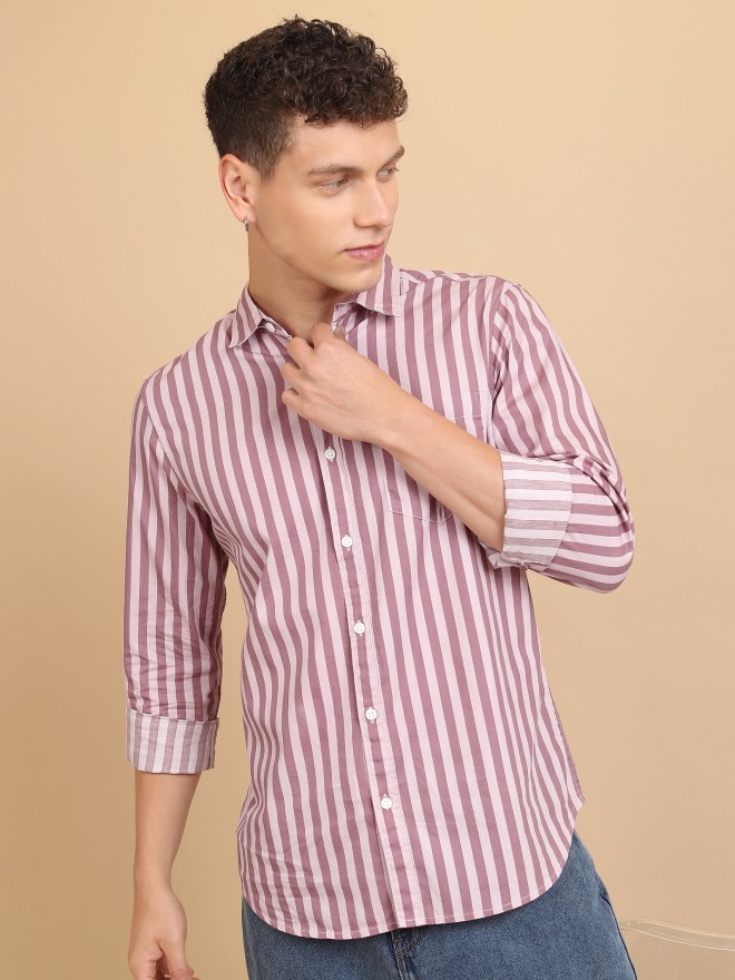 Highlander Men Pink Striped Slim Fit Casual Shirts 