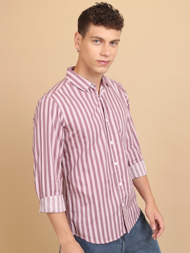 Highlander Men Pink Striped Slim Fit Casual Shirts 