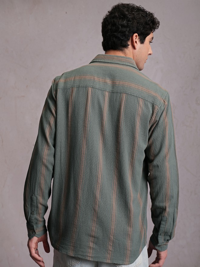 Locomotive Men Olive Striped Regular Fit Casual Shirts 