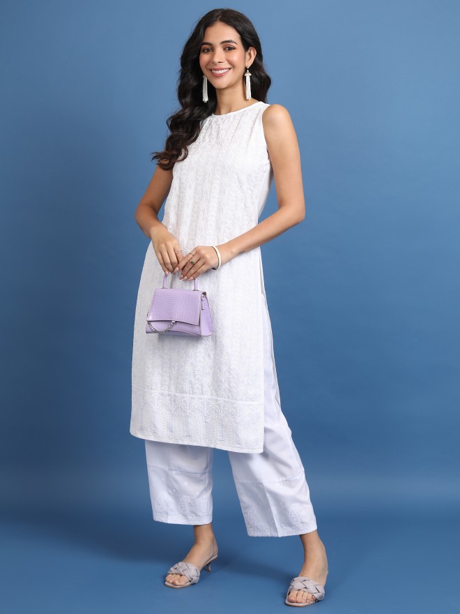 Vishudh Women White Woven Design Straight Kurtas 