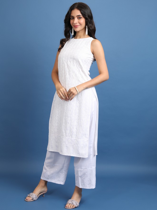 Vishudh Women White Woven Design Straight Kurtas 