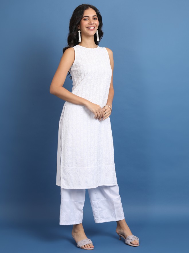 Vishudh Women White Woven Design Straight Kurtas 