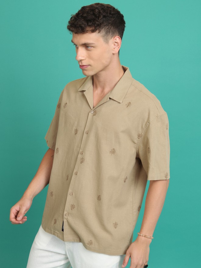 Highlander Men Beige Self Design Oversized Fit Casual Shirts 