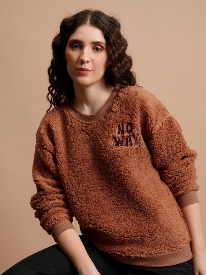 Tokyo Talkies Women Brown Embroidered Pullover Round Neck Sweatshirts 