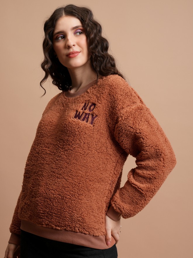 Tokyo Talkies Women Brown Embroidered Pullover Round Neck Sweatshirts 