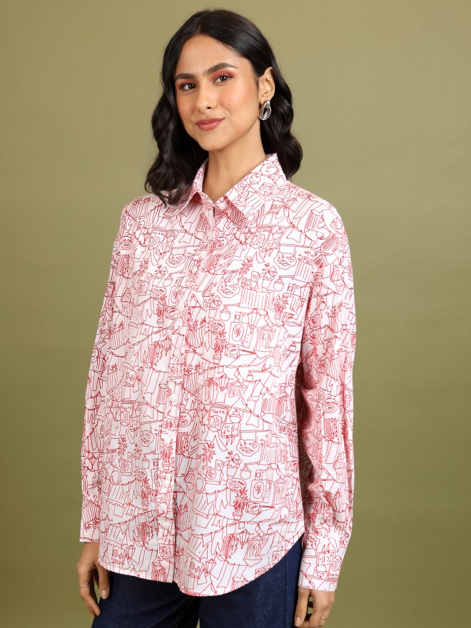 Tokyo Talkies Women White Printed Casual Shirts 