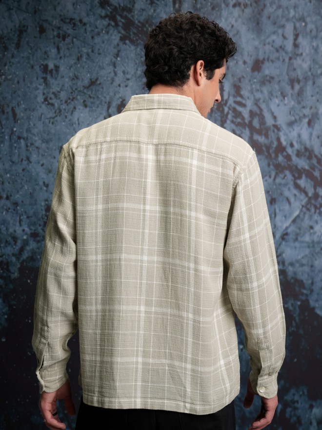 Locomotive Men Grey Checked Oversized Fit Casual Shirts 