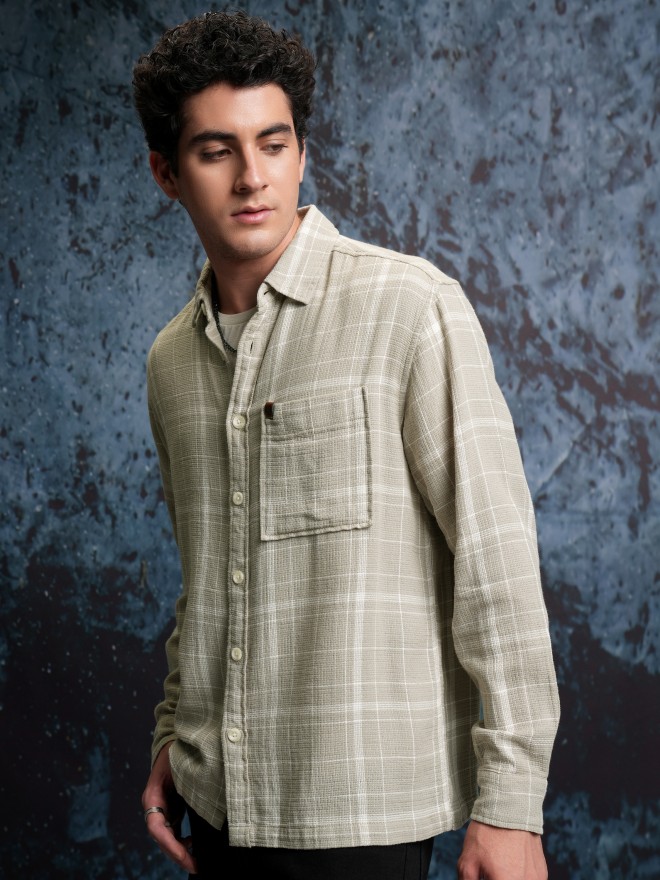 Locomotive Men Grey Checked Oversized Fit Casual Shirts 