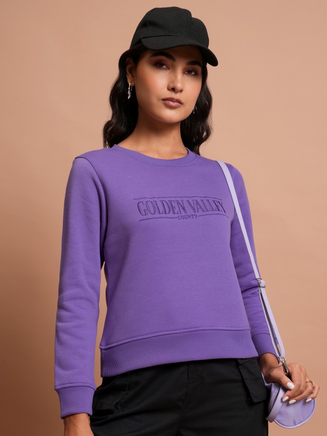 Tokyo Talkies Women Purple Embroidered Pullover Round Neck Sweatshirts 