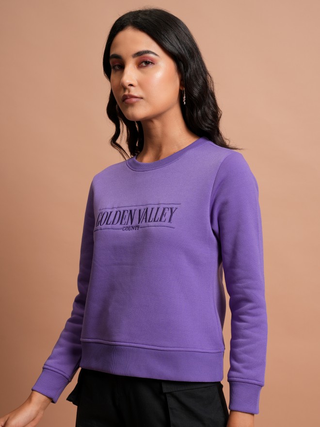 Tokyo Talkies Women Purple Embroidered Pullover Round Neck Sweatshirts 