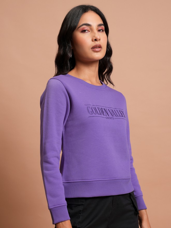 Tokyo Talkies Women Purple Embroidered Pullover Round Neck Sweatshirts 