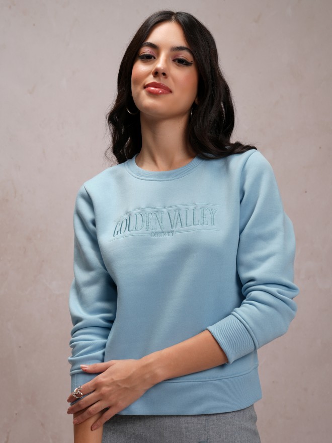 Tokyo Talkies Women Blue Self Design Pullover Round Neck Sweatshirts 