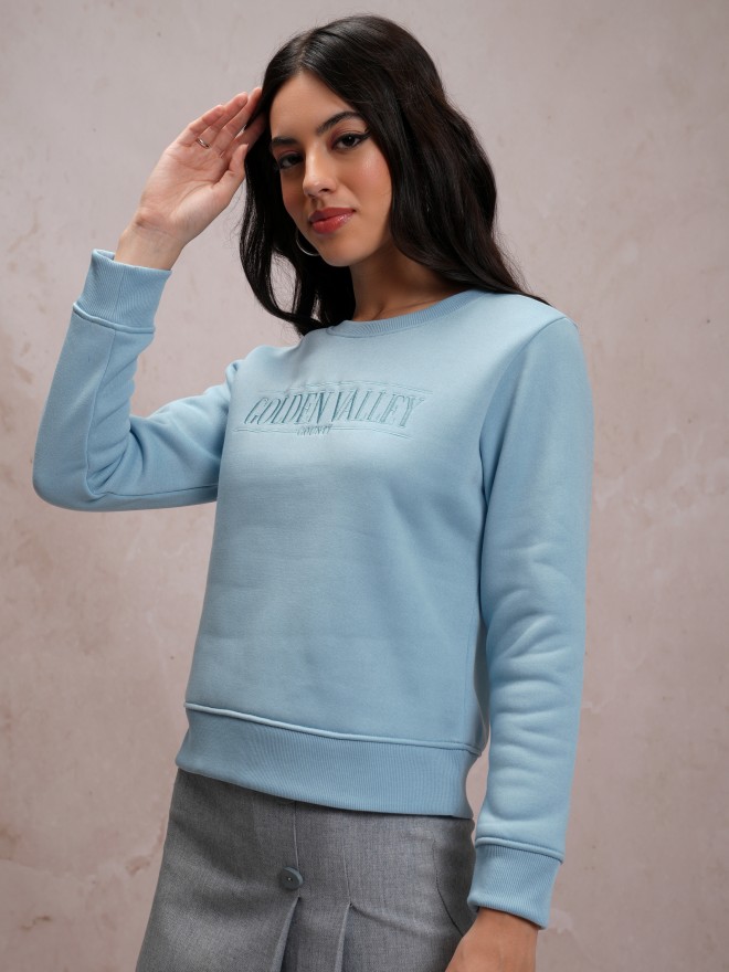 Tokyo Talkies Women Blue Self Design Pullover Round Neck Sweatshirts 