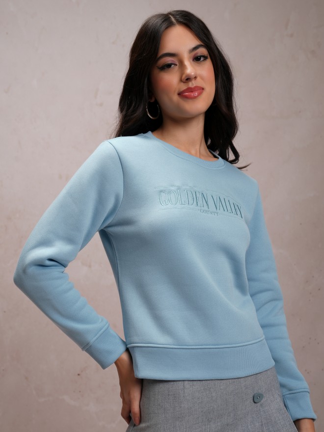 Tokyo Talkies Women Blue Self Design Pullover Round Neck Sweatshirts 